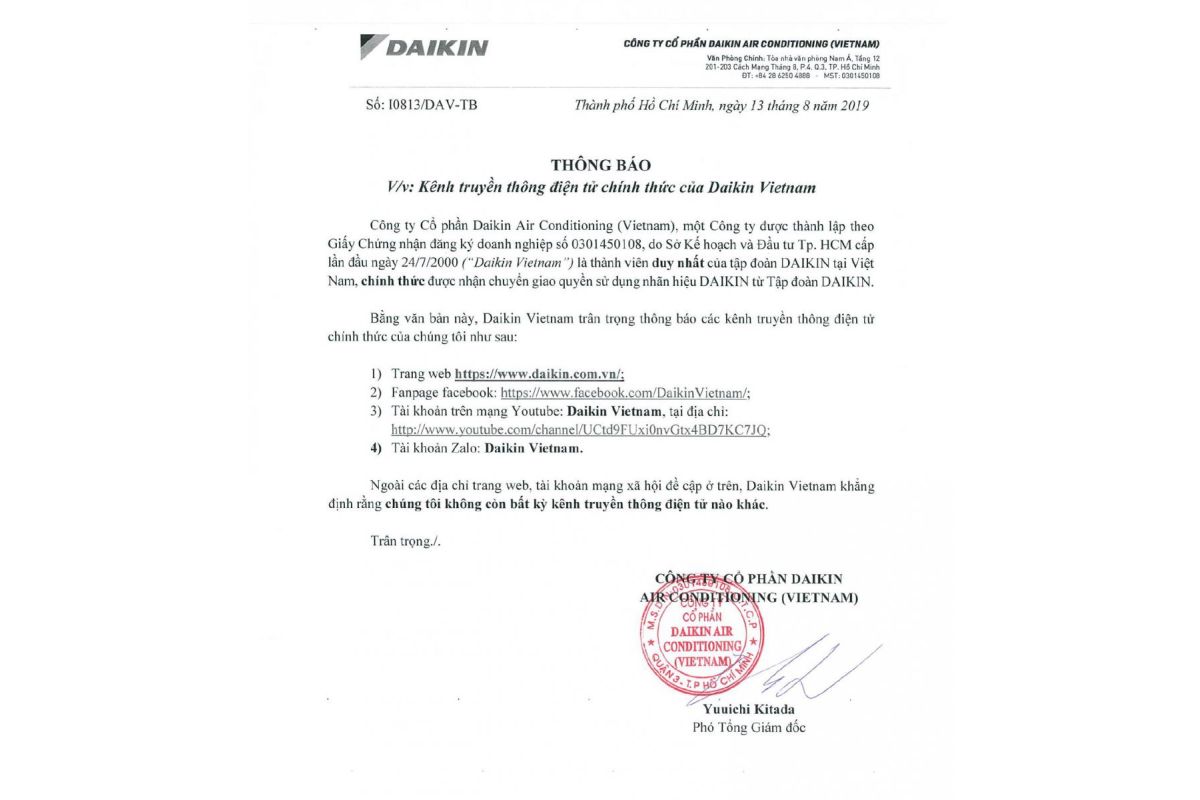 Thông báo kênh truyền thông điện tử chính thức của Daikin Vietnam